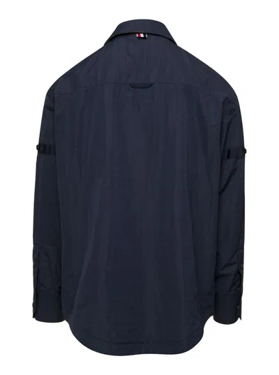 Thom Browne Oversized Blue Shirt With Patch Pockets In Polyamide Blend Man In Blue