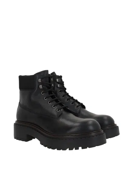 Prada Polished Leather Boots With Sole And Lace-up Design In Black