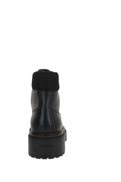 Prada Polished Leather Boots With Sole And Lace-up Design In Black