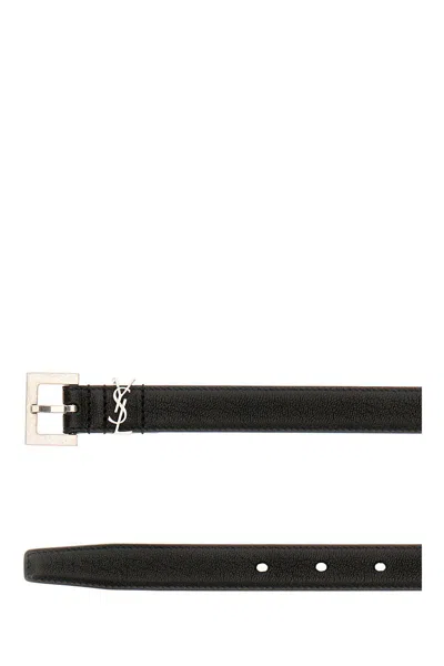 Saint Laurent Squared Buckle Smooth Leather Cassandre Thin Belt Accessories In Black