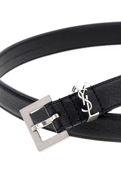 Saint Laurent Squared Buckle Smooth Leather Cassandre Thin Belt Accessories In Black