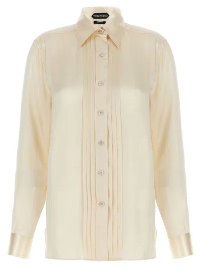 Tom Ford Silk Shirt With Pleated Detail And Pointed Collar In Pink