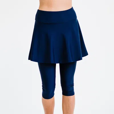 Calypsa Women's High Waisted Flared Swim Skort With Attched Capri Leggings In Blue