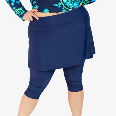 Calypsa Women's Plus High Waisted Flared Swim Skort With Attched Capri Leggings In Blue
