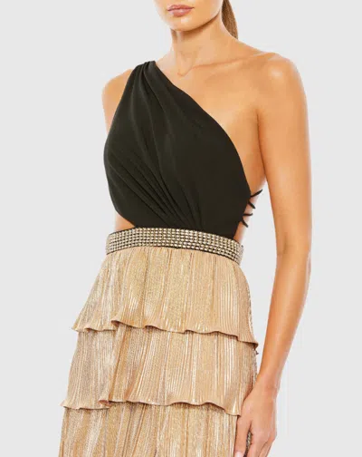 Ieena For Mac Duggal One Shoulder Layered Metallic Ruffle Gown In Black Gold