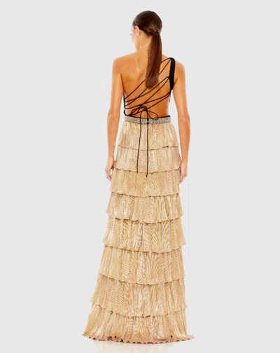Ieena For Mac Duggal One Shoulder Layered Metallic Ruffle Gown In Black Gold