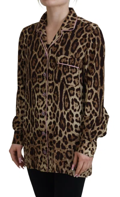 Dolce & Gabbana Brown Leopard Print Long Sleeves Blouse Top In Brown