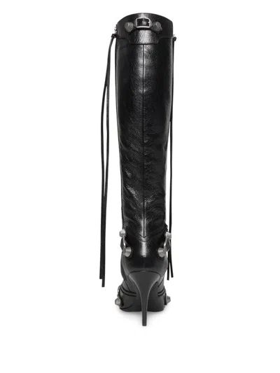 Balenciaga Cagole White Pointed High-boots With Studs And Buckles In Leather Woman In Black