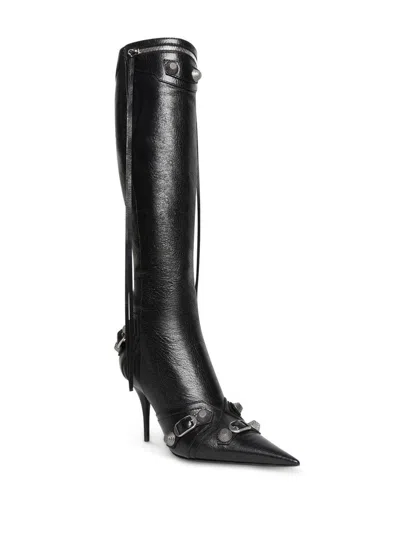 Balenciaga Cagole White Pointed High-boots With Studs And Buckles In Leather Woman In Black