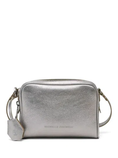 Shop Brunello Cucinelli Leather Shoulder Bag In Silver