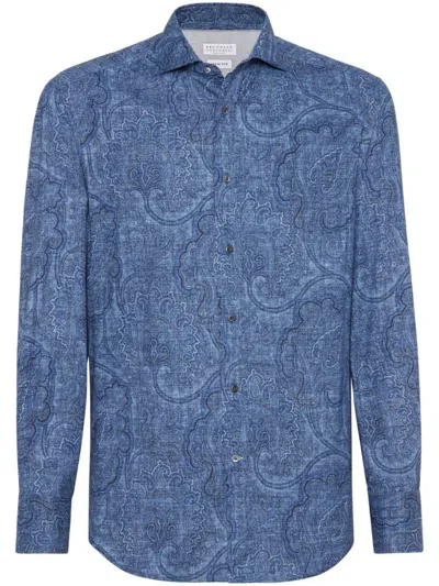 Shop Brunello Cucinelli Slim Fit Cotton Shirt With Paisley Print In Blue