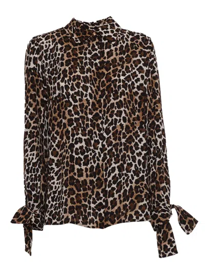 Elisabetta Franchi Ribbon Cuffs Animalier Printed Georgette Blouse In Brown