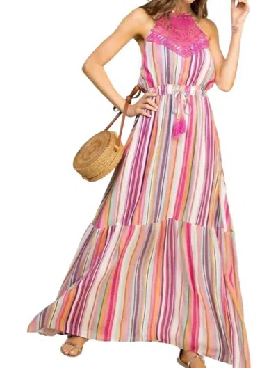 Main Strip Halter Neck Lace Front Maxi Dress In Pink In Pink
