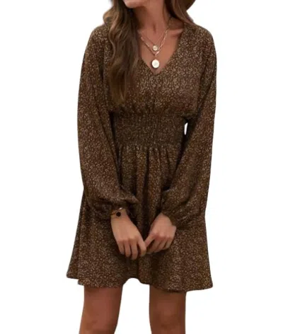 Shiying Balloon Sleeve Smocked Waist Dress In Brown In Brown