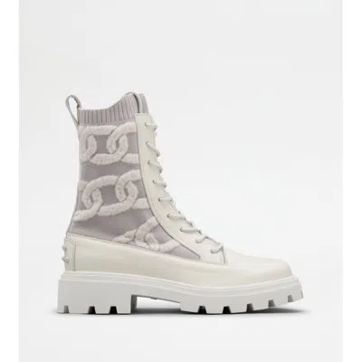 Tod's Kate Combat Boots In Fabric And Leather In White