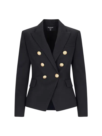 Balmain Black Double-breasted Jacket With Branded Buttons And Asymmetric Cut In Wool Woman In Black