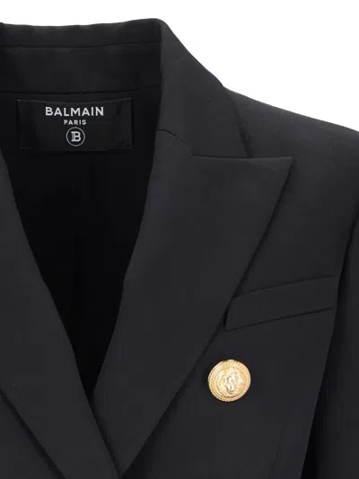 Balmain Black Double-breasted Jacket With Branded Buttons And Asymmetric Cut In Wool Woman In Black