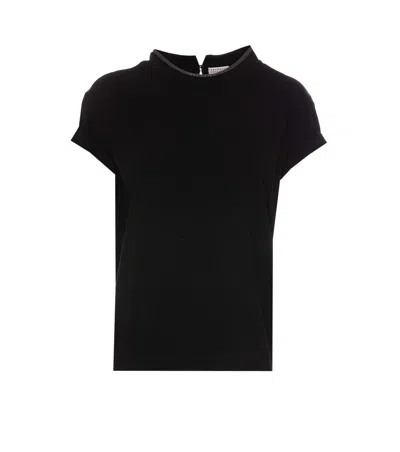 Brunello Cucinelli Short-sleeved T-shirt With Rolled Sleeves And Keyhole Detail In Black