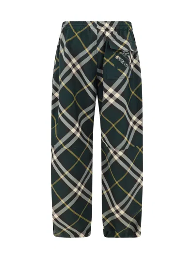 Burberry Men's Check Pattern Trousers With Elastic Waist And Drawstring In Green