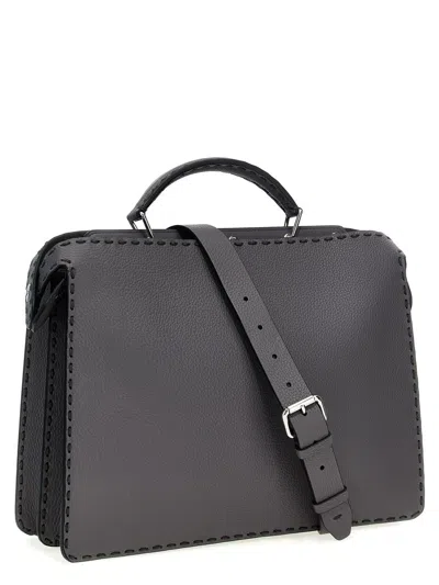 Fendi Structured Calfskin Shoulder Bag With Adjustable Strap In Silver