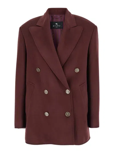 Etro Bordeaux Double-breasted Jacket With Logo Detail On Buttons In Red