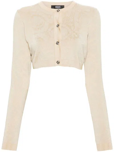 Shop Versace Barocco Texture Cropped Cardigan In Beige