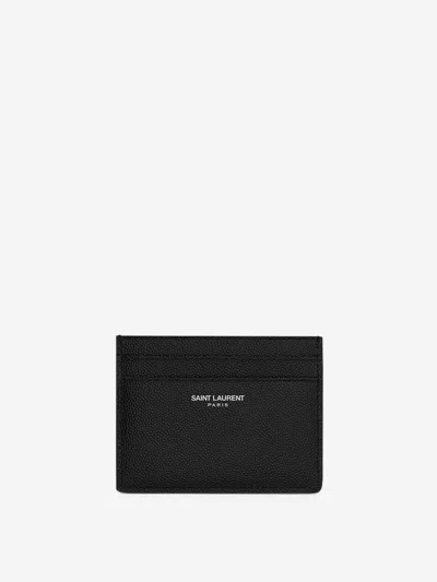 Shop Saint Laurent Logo Leather Card Holder In Textured Leather