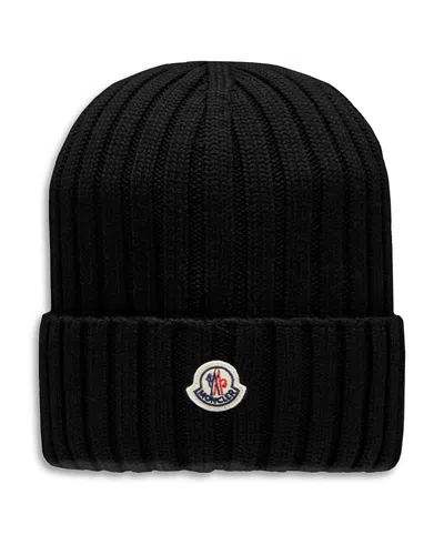 Moncler Mol20933b00036a9327999bb Ribbed Merino Wool Beanie In Black