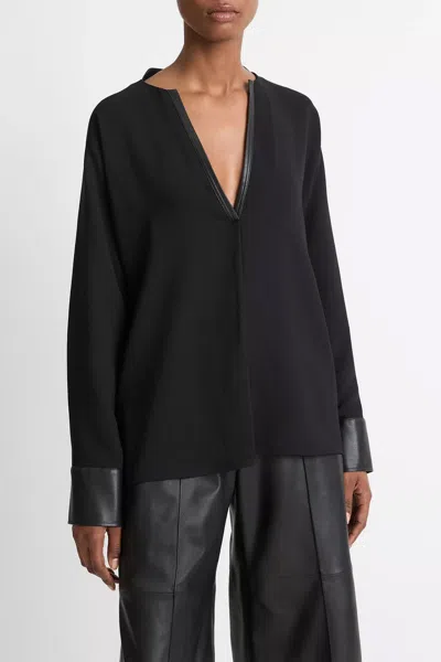 Vince Faux Leather-trim Dolman-sleeve Blouse In Black