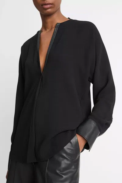 Vince Faux Leather-trim Dolman-sleeve Blouse In Black