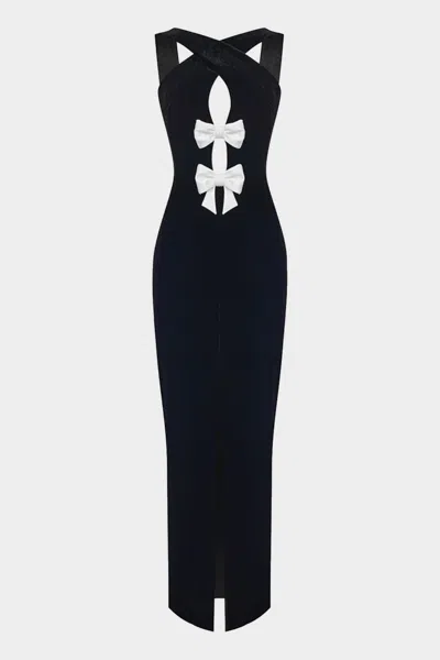 Rasario Satin Maxi Dress With Bows And Cutouts In Black