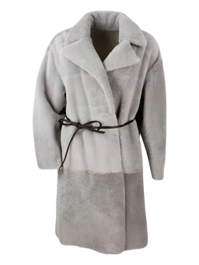 Fabiana Filippi Long Coat In Reversible Shearling Sheepskin With Belt At The Waist And One Button Closure In Brown