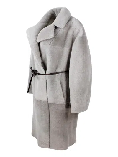 Fabiana Filippi Long Coat In Reversible Shearling Sheepskin With Belt At The Waist And One Button Closure In Brown