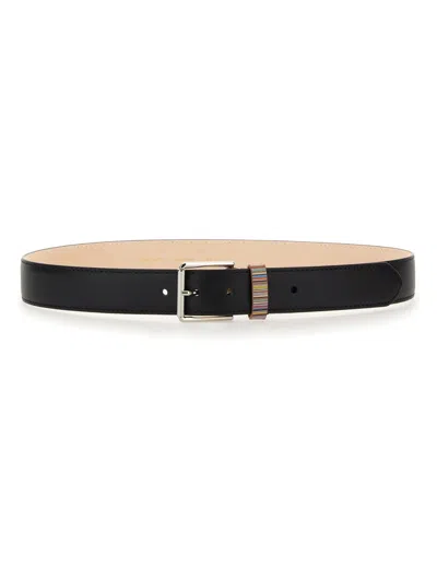 PAUL SMITH PAUL SMITH BLACK LEATHER SIGNATURE STRIPE BELT 