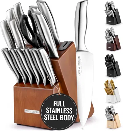 Zulay Kitchen 15 Piece Stainless Steel Knife Set With Block And Sharpener In Brown