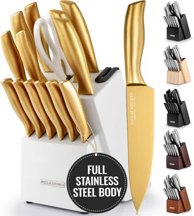 Zulay Kitchen 15 Piece Stainless Steel Knife Set With Block And Sharpener In Gold