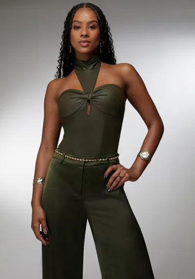 Bebe X Ciara Mock Neck Halter Coated Knit Bodysuit In Olive