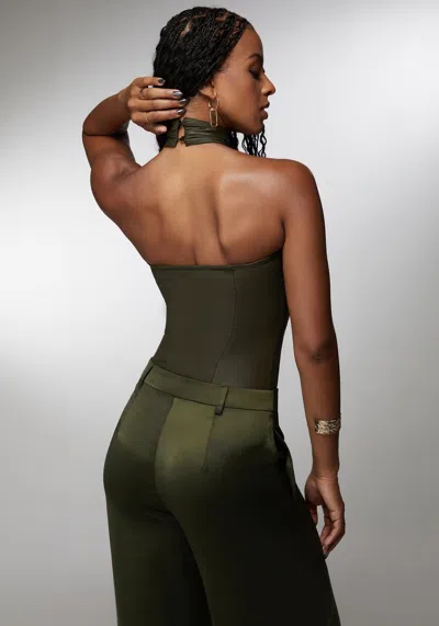 Bebe X Ciara Mock Neck Halter Coated Knit Bodysuit In Olive