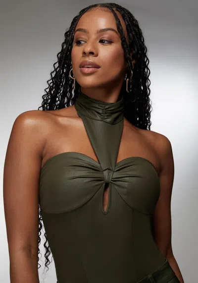 Bebe X Ciara Mock Neck Halter Coated Knit Bodysuit In Olive