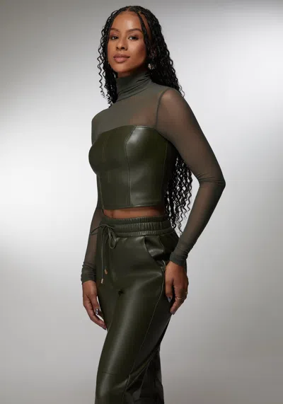 Bebe X Ciara Mock Neck Mesh Combo Vegan Leather Top In Olive