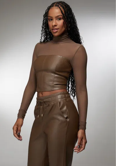 Bebe X Ciara Mock Neck Mesh Combo Vegan Leather Top In Chestnut