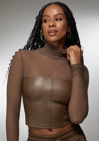 Bebe X Ciara Mock Neck Mesh Combo Vegan Leather Top In Chestnut