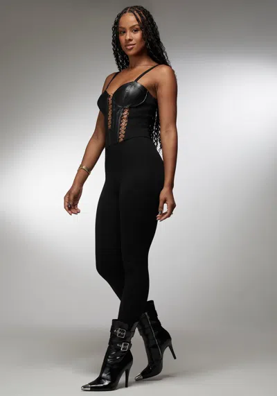 Bebe X Ciara Vegan Leather Combo Ring Detail Pdr Catsuit In Black