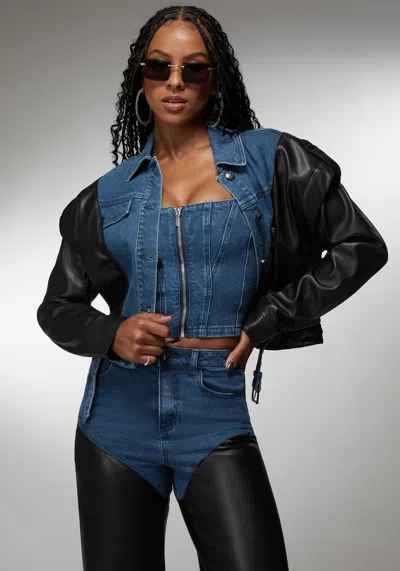 Bebe X Ciara Vegan Leather Combo Denim Moto Jacket In True Blue Wash,black
