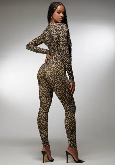 Shop Bebe Plunging V-neck Metal Trim Detail Printed Catsuit In Leopard