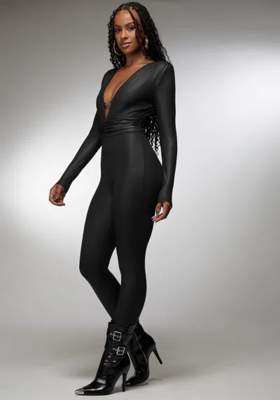 Bebe X Ciara Plunging V-neck Metal Trim Detail Catsuit In Black