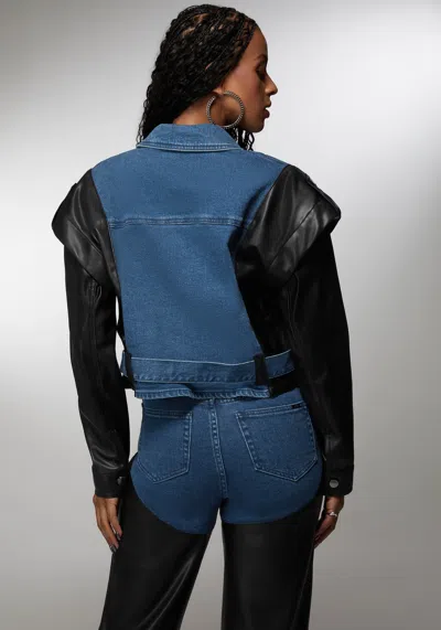 Bebe X Ciara Vegan Leather Combo Denim Moto Jacket In True Blue Wash,black