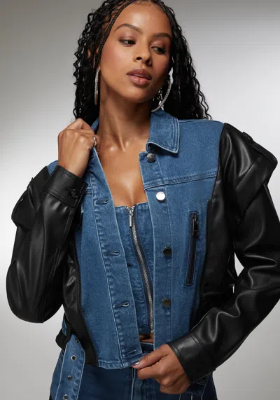 Bebe X Ciara Vegan Leather Combo Denim Moto Jacket In True Blue Wash,black