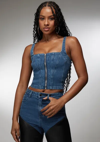 Bebe X Ciara Zip Front Denim Bustier In True Blue Wash