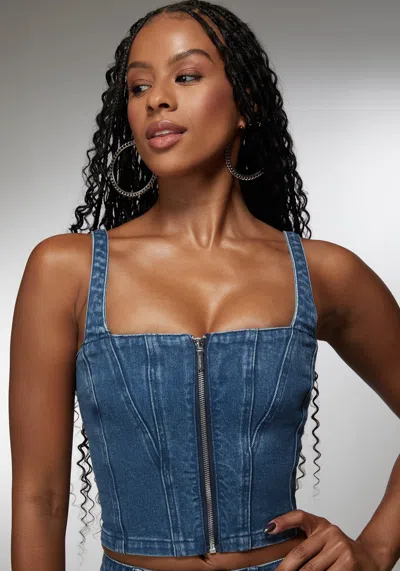 Bebe X Ciara Zip Front Denim Bustier In True Blue Wash